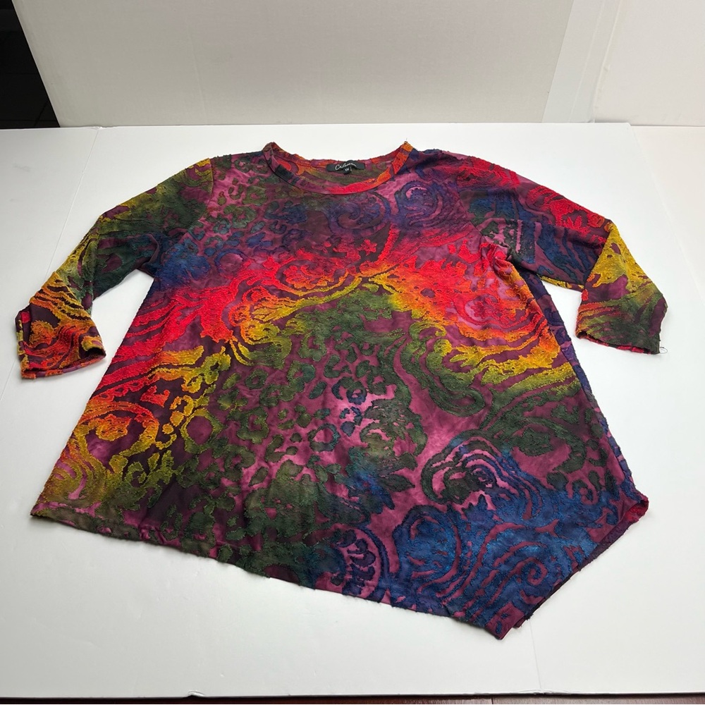 Calessa Burnout‎ Tie-Dye Tunic Top Crewneck 3/4 Sleeve Asymmetric Hem Womens 1X